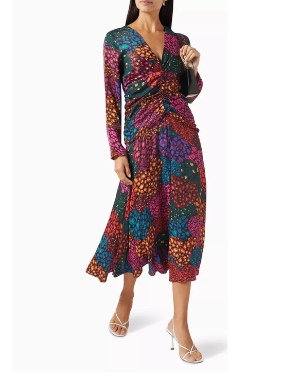 Dresses & Skirts - Farm Rio Rainbow Hearts Ruching Multicolor V-Neck Long Sleeve Midi Dress size M